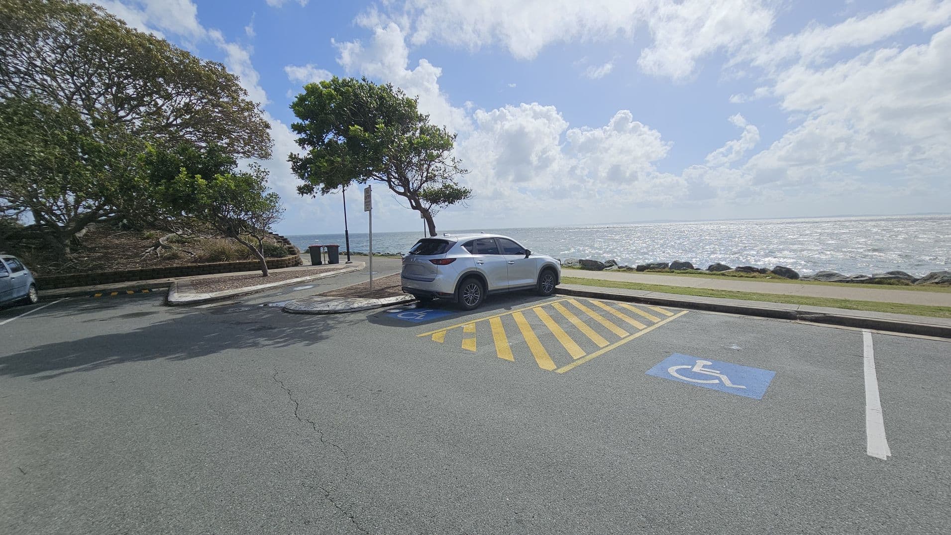 A silver SUV is parked in a designated disabled parking space with yellow diagonal lines and a blue wheelchair symbol on the ground. To the left, there are large trees and a small blue car. In the background, a grassy area and a rocky shoreline lead to a body of water. A couple of bins and a signpost are near the SUV. The sky is partly cloudy.