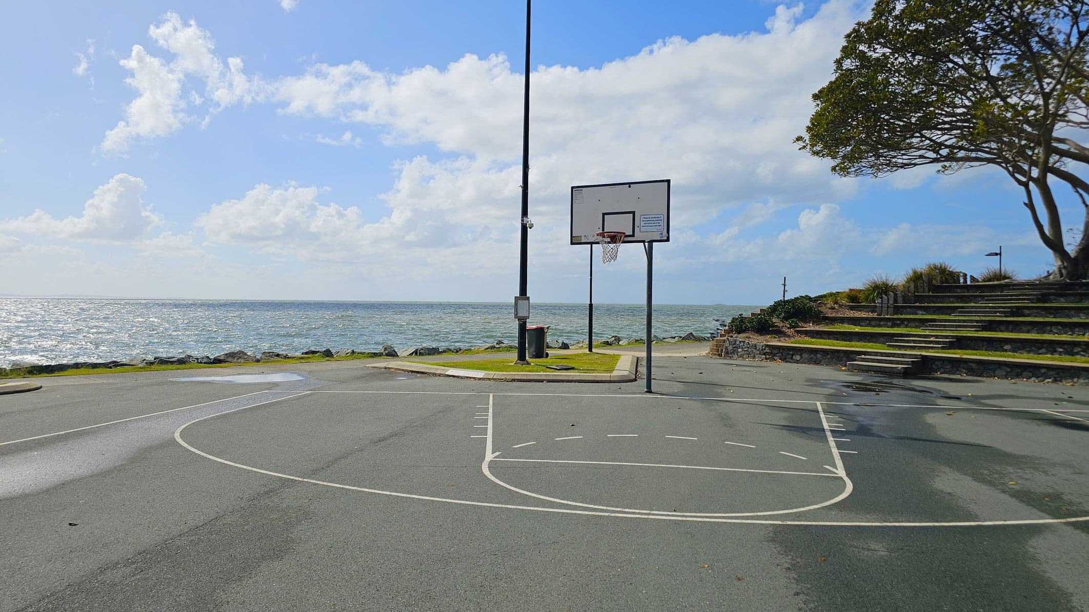 A basketball court is in the foreground with a hoop and backboard on the right. The court lines are clearly marked on the asphalt surface. In the background, there is a body of water with gentle waves. To the right, there are tiered stone steps with grass and a large tree providing shade. A tall lamppost stands near the water's edge, and rocks line the shoreline.