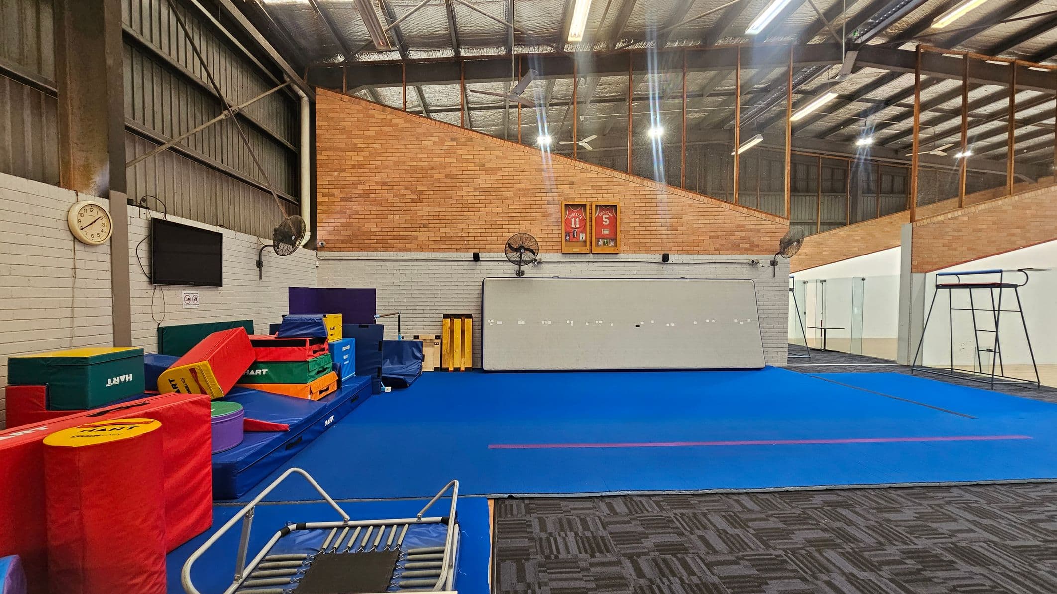 A gymnasium with a blue mat covering the floor. On the left, there are colourful gym mats stacked against a white brick wall, with a clock and a television mounted above. Two wall fans are visible. In the centre, a large whiteboard is mounted on the wall, with framed sports jerseys above it. On the right, a metal gymnastics frame is positioned on a carpeted area. The ceiling is high with exposed beams and fluorescent lights.