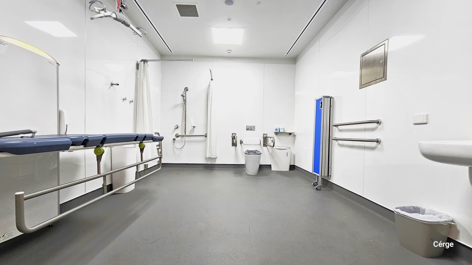 Inside the change room, the room is brightly lit with white walls and ceiling. On the right, there is a washbasin, a rubbish bin, two handrails, and a foldable blue table. A silver power control box is on the wall. In the middle, a white ambulatory toilet bowl is placed with a rubbish bin and a tissue dispenser. Wall-mounted handrails, a shower, and a curtain are nearby. The left side has a long plastic table for changing, and a hoist is suspended from the ceiling.