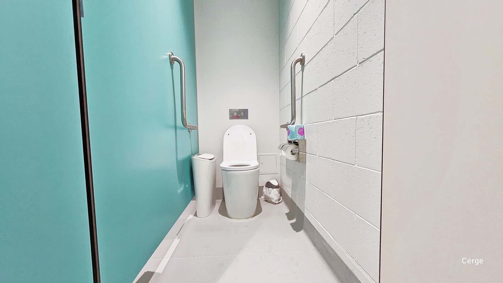 Inside the bathroom stall, there is a white toilet bowl positioned at the middle end. There are two rubbish bins on both sides of the bowl with a flush sensor on top. Each side also features a metal handrail, as well as a toilet paper dispenser. The walls are painted in green and white, and the floor has a matte white finish.