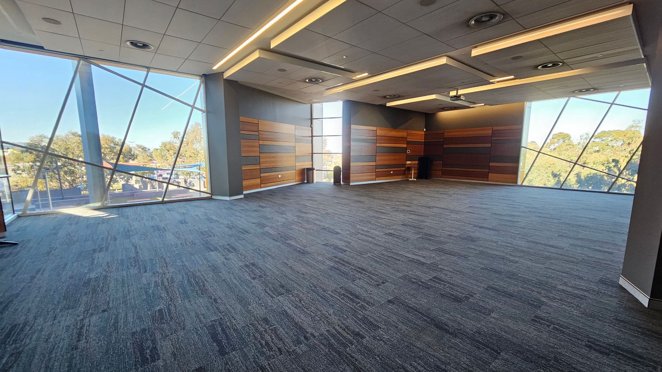 A spacious room with a patterned carpet in shades of grey and purple. The left side features large, slanted glass windows offering a view of trees and a distant structure. The walls are adorned with horizontal wooden panels in various tones. The ceiling is fitted with recessed lighting and a projector. The room is empty, with a trash bin visible against the far wall.