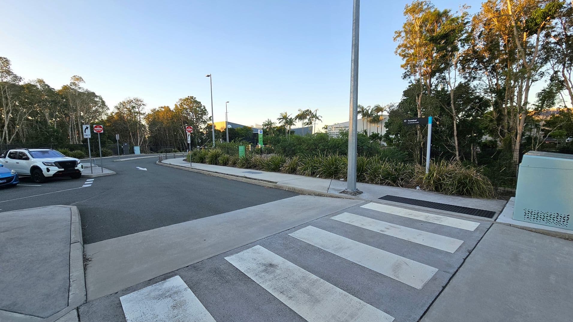 A pedestrian crossing with white stripes is in the foreground, leading to a pavement. On the left, there are parked cars, including a white and a blue vehicle. The road has directional signs, including "No Entry" and "Left Turn Only". In the background, there are trees and a few palm trees, with a building partially visible. A streetlamp and a green utility box are on the right, surrounded by low shrubs and grass.