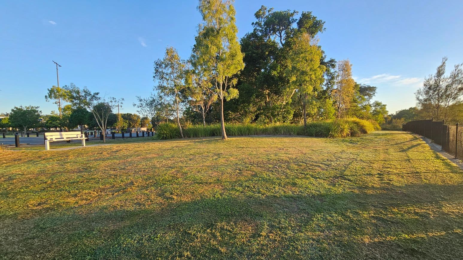 A grassy park area with a white bench on the left, near a paved path and parking area. Several trees are scattered throughout, with a cluster of taller trees and bushes in the centre. On the right, a black metal fence runs alongside a path. The grass is sunlit, casting long shadows, and the sky is clear.
