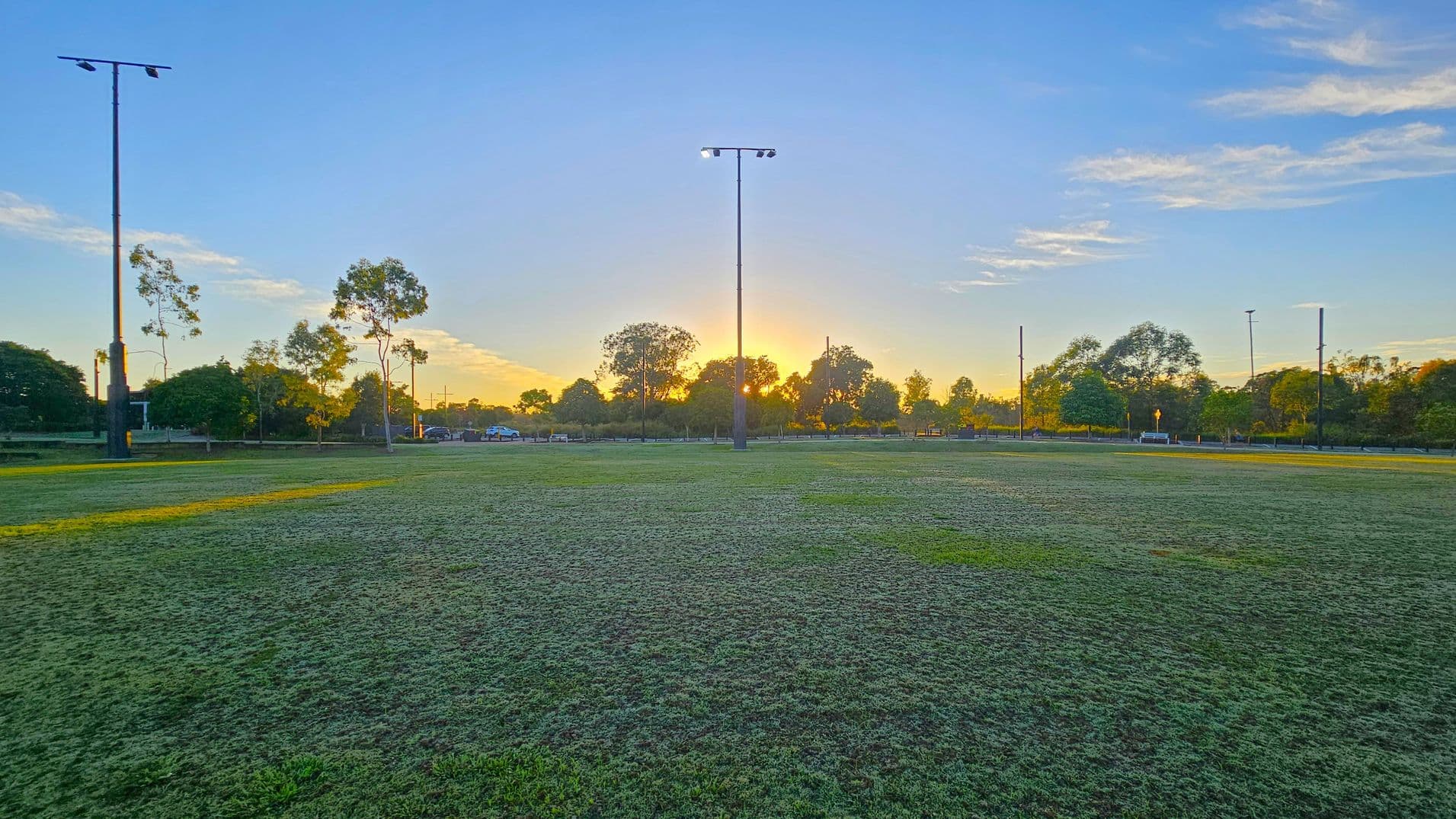 A grassy field with a slightly frosted appearance stretches across the foreground. In the middle, tall floodlights are evenly spaced, with one prominently centred. The background features a line of trees silhouetted against a setting or rising sun, casting a warm glow. The sky is clear with a few scattered clouds.