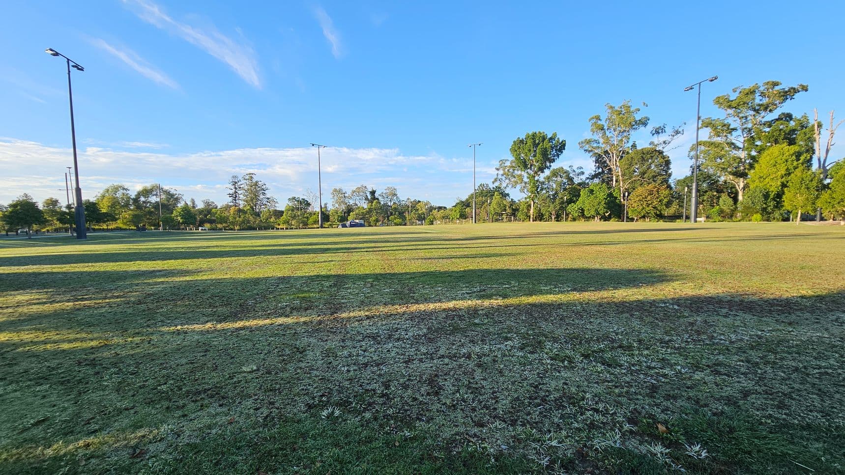 A grassy field with patches of brown and green, surrounded by tall trees in the background. Several tall floodlights are evenly spaced across the field. The sky is clear and blue, casting long shadows on the grass. The area appears open and spacious, with a few scattered trees visible in the distance.