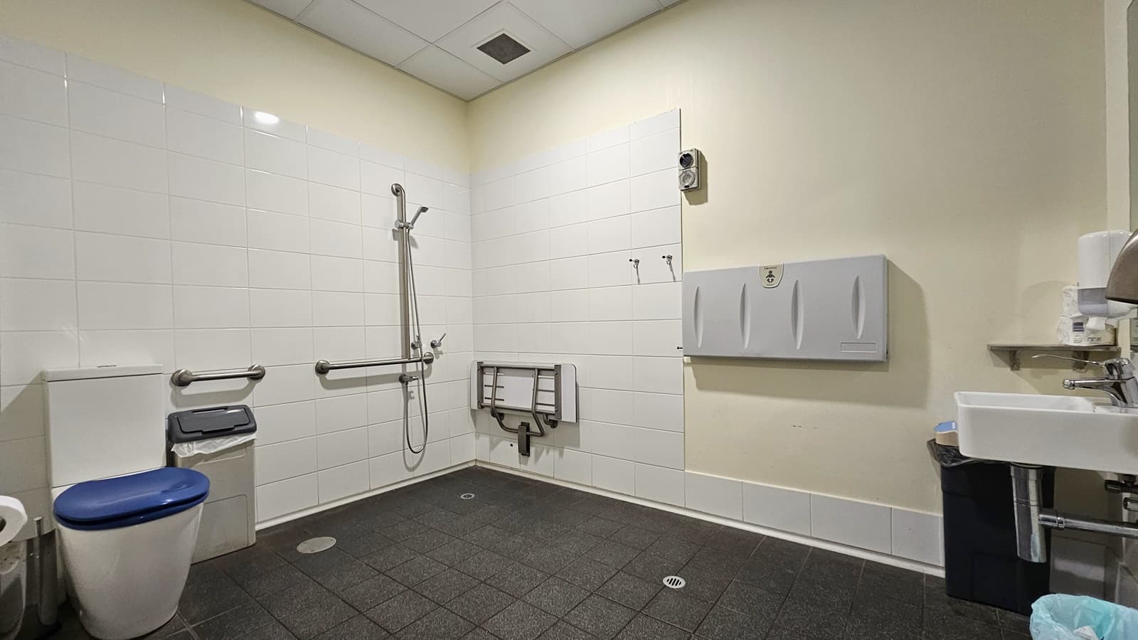Inside the bathroom, on the left is the toilet bowl with a nearby rubbish bin and a wall-mounted tissue dispenser. Adjacent to it is the shower area with handrails, and in the corner, a foldable bench is affixed to the wall. On the right, there is a changing table next to a wash basin equipped with tissue and soap dispensers. The wall is adorned with white tiles, the ceiling is white, and the floor is tiled in grey.