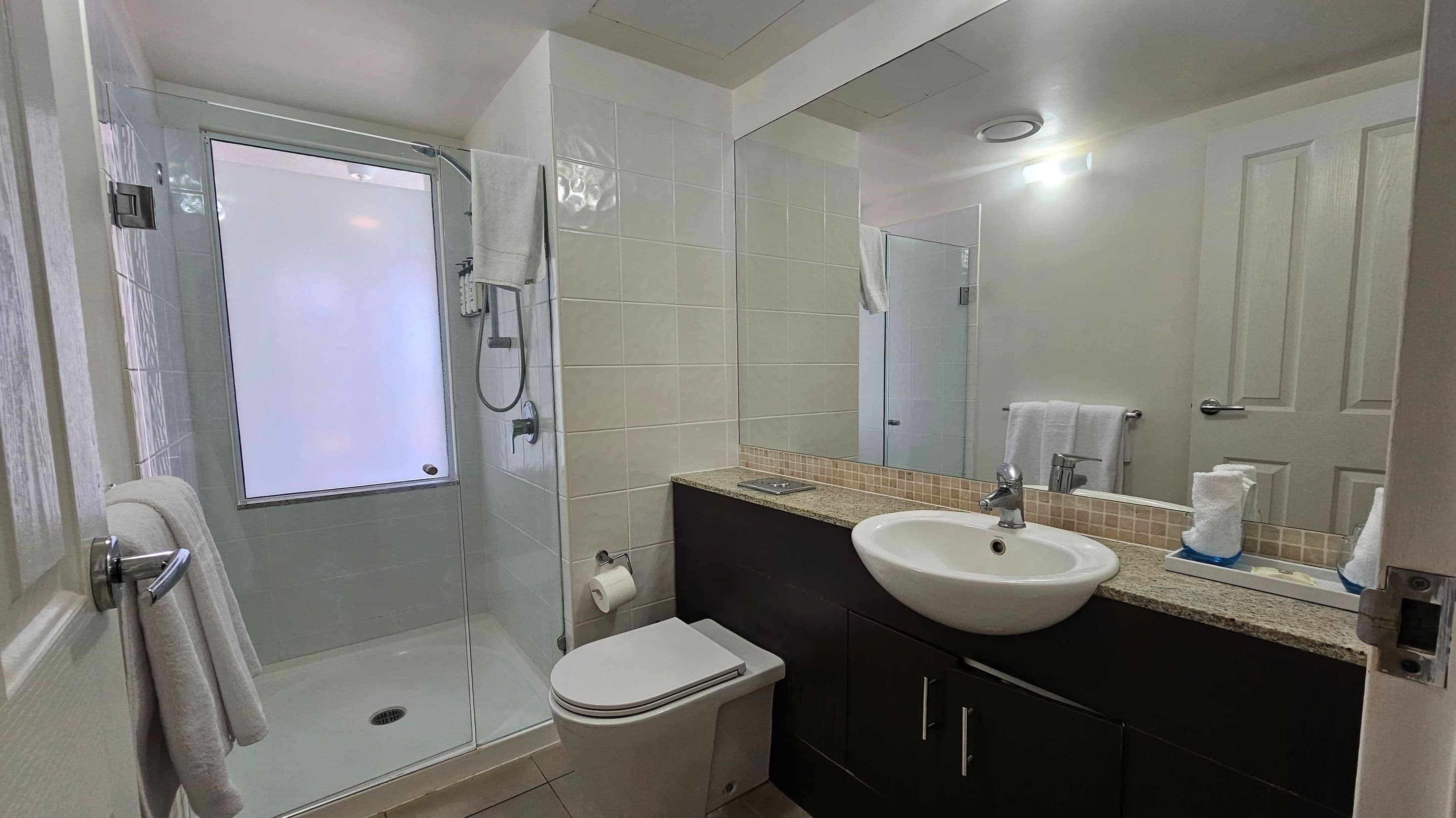 A modern bathroom with a large mirror on the right above a granite countertop and a white sink. Below the sink is a dark cabinet. A toilet is positioned next to the sink with a toilet roll holder on the wall. On the left, there is a glass-enclosed shower with a frosted window. A towel hangs on a rail attached to the door. The walls are tiled, and the ceiling has recessed lighting.