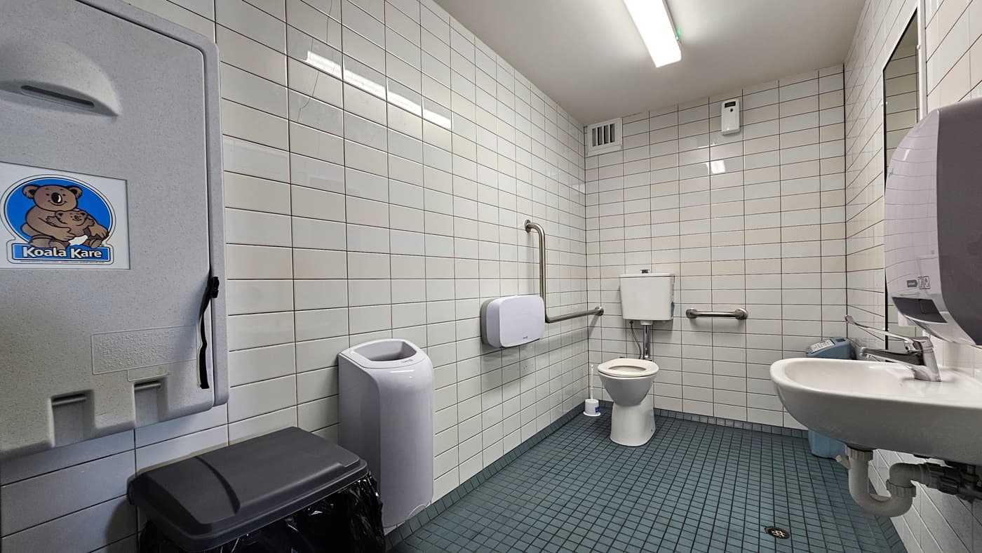 The accessible bathroom features a toilet bowl with hand grabs in the corner, along with a tissue dispenser and toilet brush. A hand basin and wall-mounted tissue dispenser are on the right. On the left, a foldable change table is mounted to the wall next to a rubbish bin and hand dryer. The floor has green tiles, while the wall has white and cream tiles, and the ceiling is white with fluorescent lights.