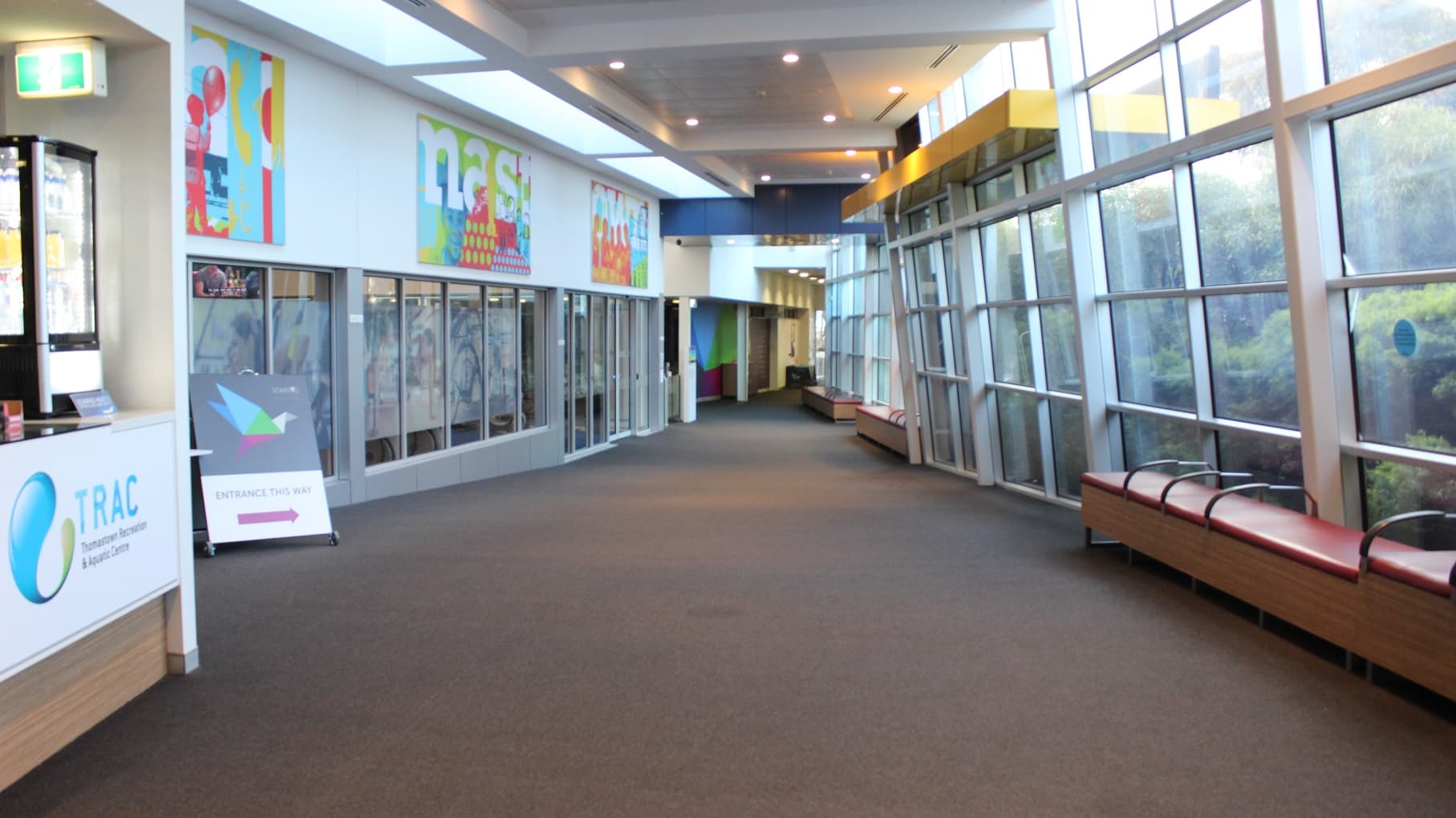 The hallway, designed with blue and yellow accents, features vibrant graphics on the walls, glass windows, and doors to the left. On the right side, three red wooden benches are positioned against the glass walls. A direction board rests on the glass to the left, while outside the glass wall, trees and grasses can be seen.