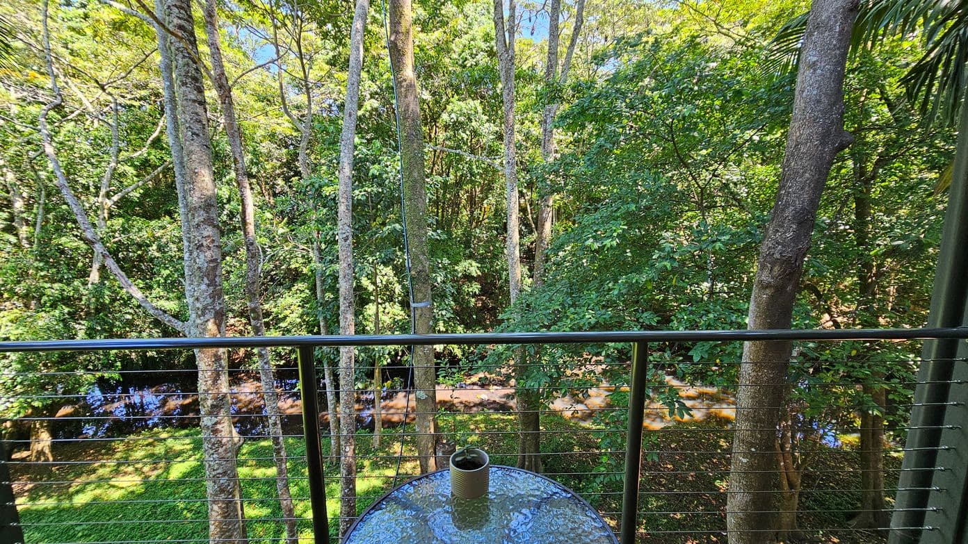 A view from a balcony overlooking a lush forest with tall trees and dense green foliage. In the foreground, a glass-topped table with a small potted plant sits on the balcony. The railing is made of metal with horizontal cables. Below, a small stream runs through the forest, partially visible through the trees. The scene is bright with sunlight filtering through the leaves.