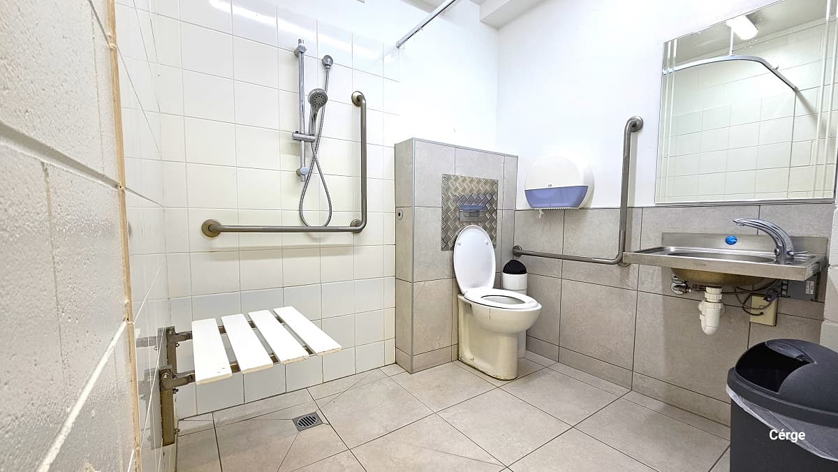 Accessible bathroom in the Aquatic Centre at Trust House Recreation Centre. The bathroom has a grey tile floor and white tile wall. Inside the bathroom is a white foldable wall-mounted shower seat on the left wall. At the back wall are the shower head and metal grab bars, and an elevated wall section for the toilet with a grab bar and tissue dispenser. On the right wall is a large mirror, a low-set hand basin, and a grey garbage bin below.