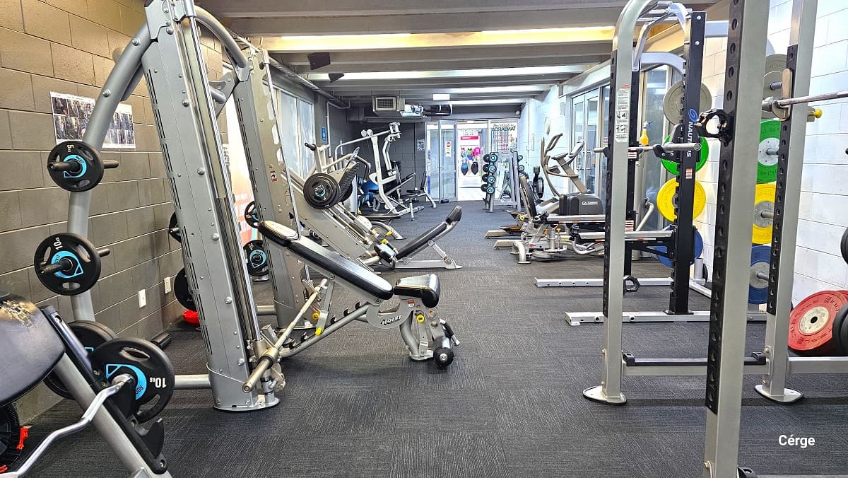 Opposite view inside the ground-level gymnasium with a range of free weights, weight machines, and cardio equipment. The gym has grey carpet tiles and glass windows on both white and black painted walls on the sides.