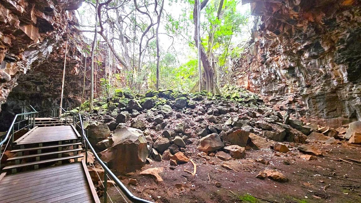 A rocky cave entrance with a wooden walkway on the left, featuring metal railings. The ground is covered with scattered rocks and soil. In the centre, a cluster of large boulders is surrounded by trees with dense foliage. The cave walls are rugged and composed of layered rock formations. Sunlight filters through the trees, illuminating the scene with a natural light.