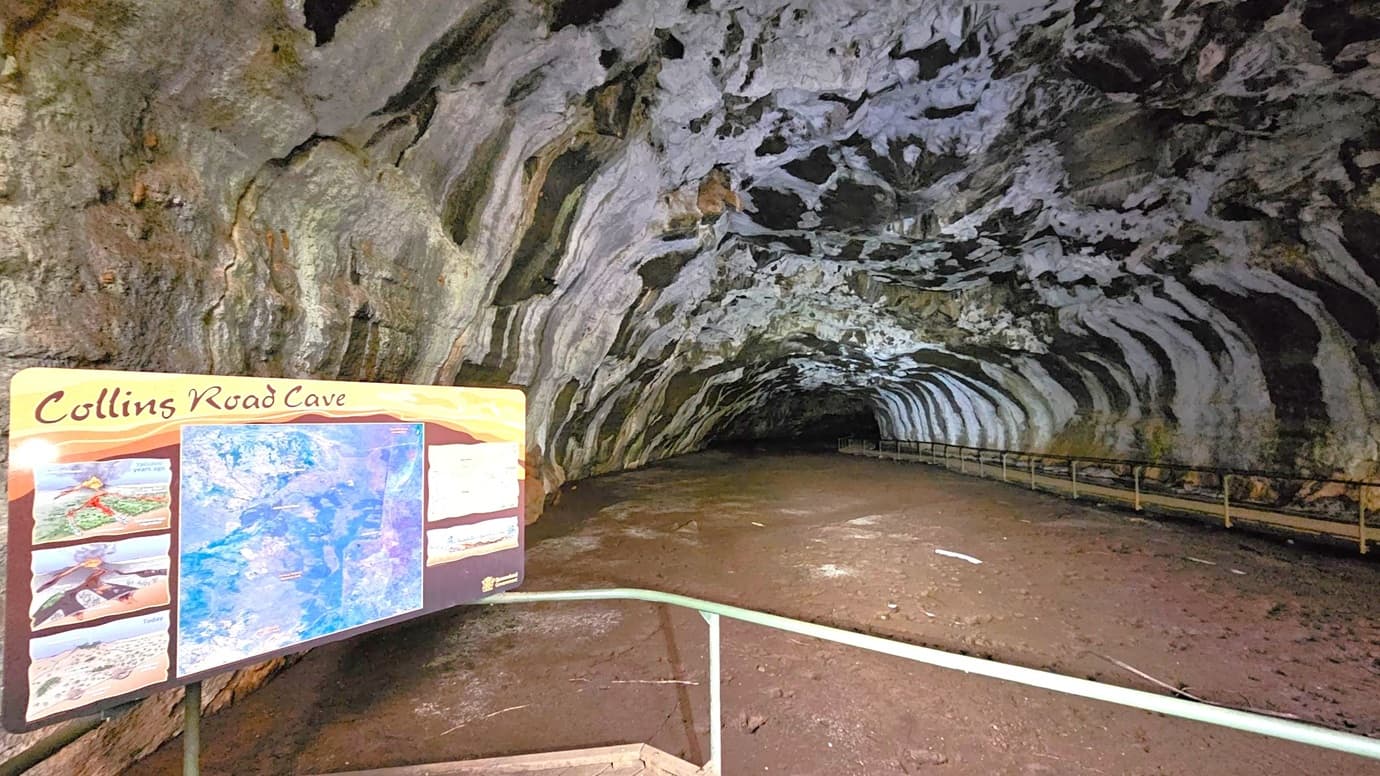 Inside a cave with a rough, textured ceiling and walls displaying shades of green and grey. On the left, a sign titled "Collins Road Cave" features maps and images. The cave floor is earthy and uneven, with a metal railing running along the right side. The cave extends into darkness in the background.
