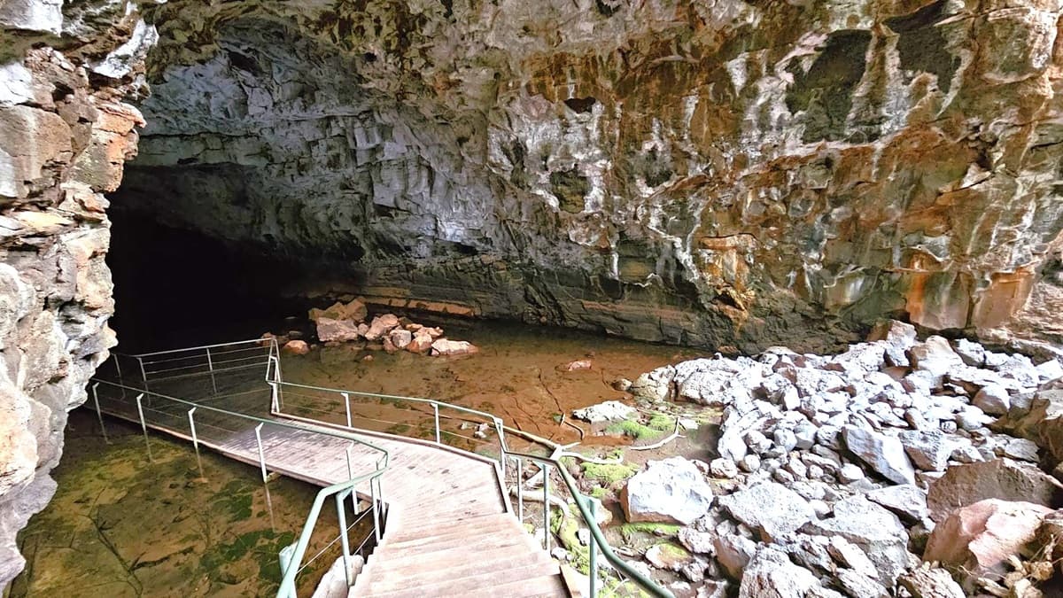 A cave interior with a wooden walkway and metal railings leading downwards into a dark opening on the left. The cave walls are rugged, with patches of green moss and various shades of brown and grey rock. The floor is uneven, covered with rocks and boulders, some of which are large and light-coloured. The ceiling is high and rocky, with similar moss and rock patterns. The atmosphere is damp and natural.