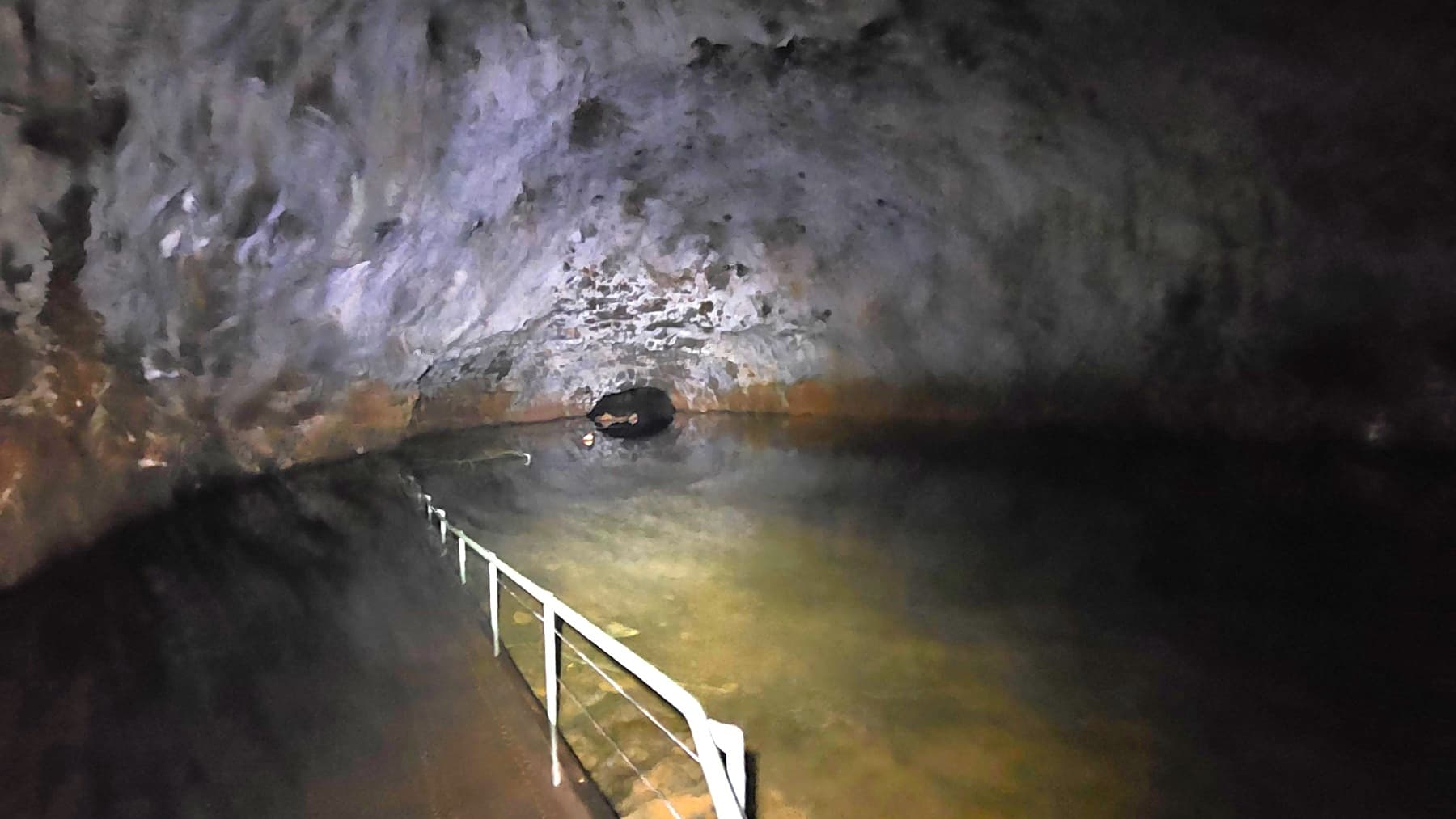 A dimly lit cave interior with a rocky ceiling and walls. The foreground features a narrow walkway with a white metal railing on the left side, leading into the cave. The floor appears to be wet, possibly with shallow water. In the background, the cave extends into darkness, with a small opening visible. The overall atmosphere is dark and enclosed.