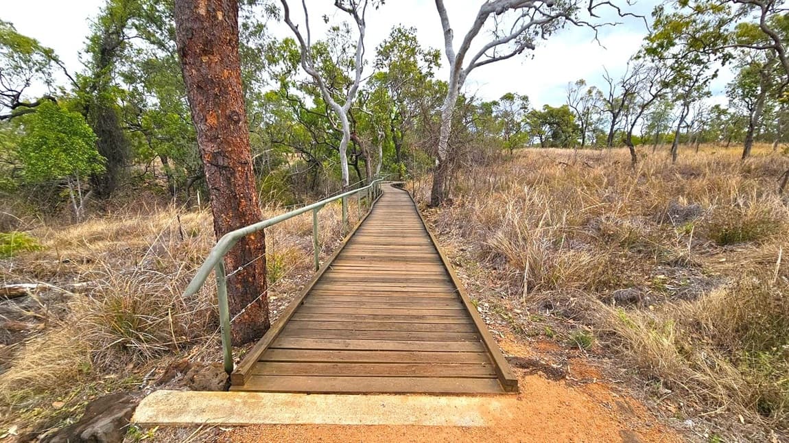 A wooden boardwalk stretches into the distance, flanked by metal railings. On the left, dense green trees and shrubs are visible, while on the right, dry grass and scattered trees create a more open landscape. The ground is covered with reddish-brown dirt. The boardwalk leads through a natural setting with a mix of lush and sparse vegetation.