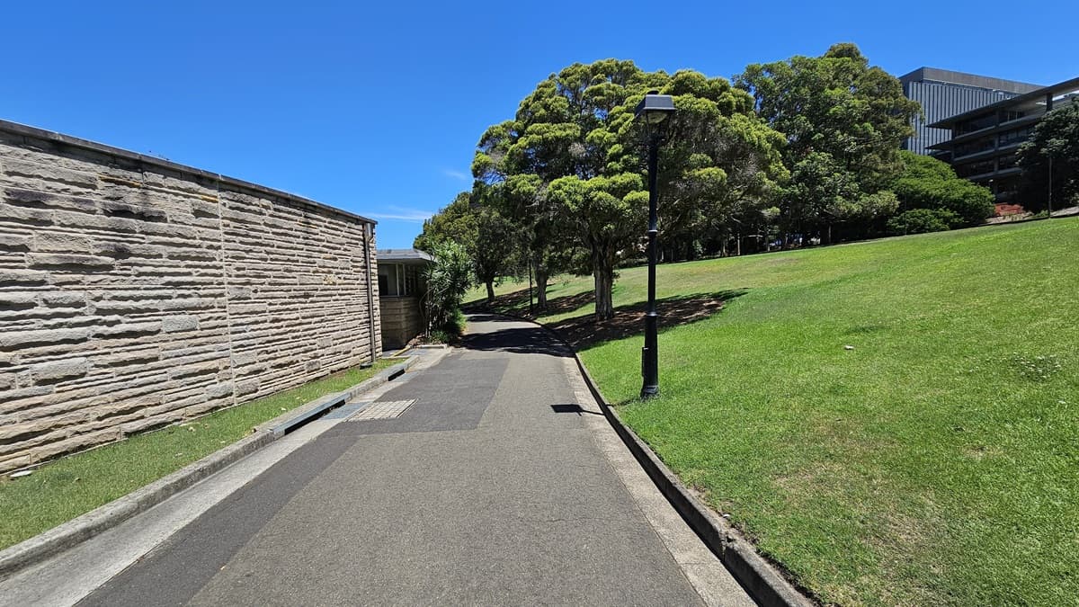 The path, designed with water drainage, curves to the left. On the left side, there's a brick wall and a brick structure. On the right, a hillside is covered with well-maintained grass. Trees and lamp posts line the road. At the top of the hillside, more trees and commercial buildings are visible.