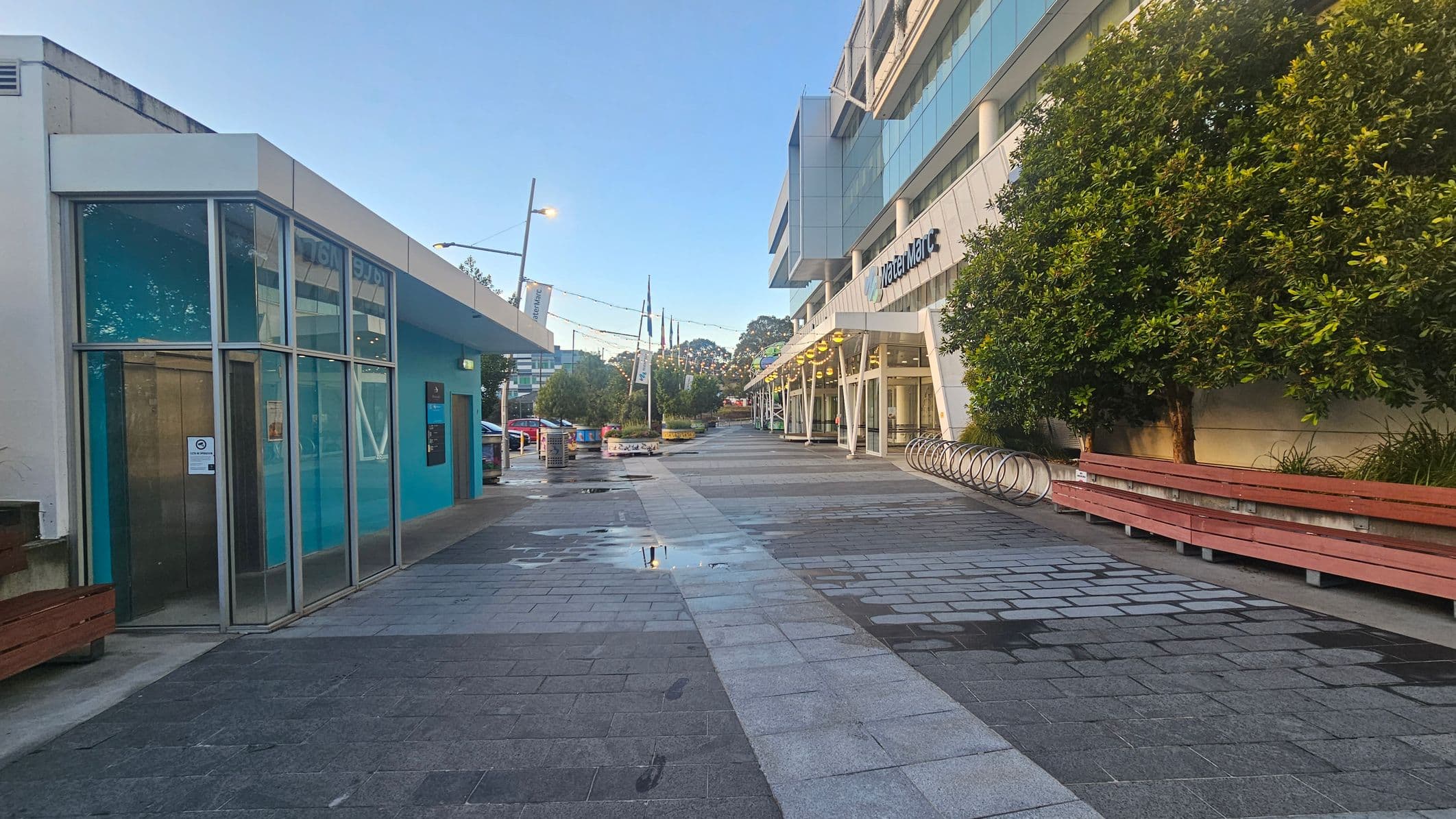 A paved walkway with a modern building on the left featuring large glass windows and a blue wall. On the right, there's a building with a sign, trees, and a row of bike racks. Benches are placed along the right side, and the ground is wet with puddles. Overhead, string lights are visible, and there are planters with greenery further down the path.