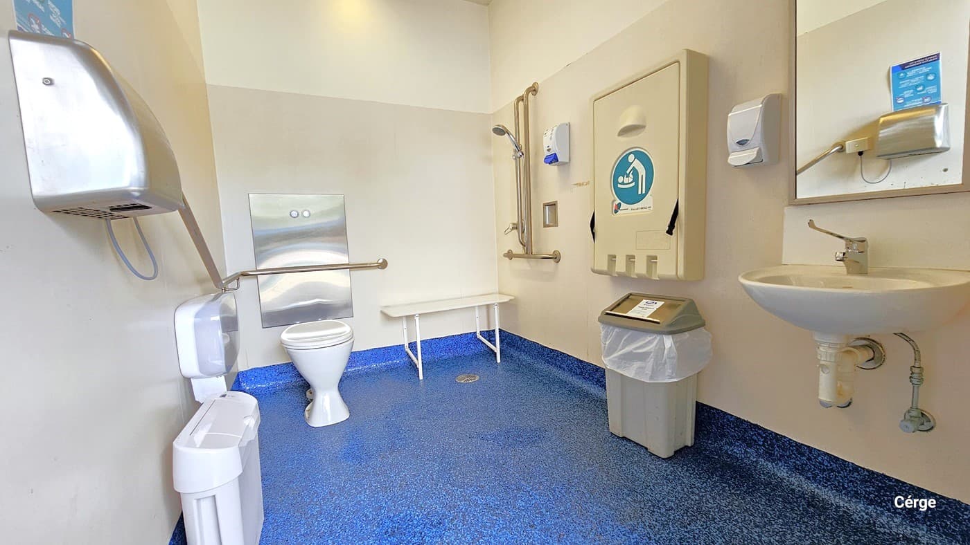 Accessible bathroom at Werribee Outdoor Pool. The bathroom has a blue stonelike tile surface and a half-cream and white wall. Mounted on the left wall is the stainless steel hand dryer and a white and grey tissue holder. Behind the toilet is a grab bar, while to the right is a white shower bench. Mounted on the right wall are the shower head, a cream baby change table, a mirror, and a wash basin. There is also a grey garbage bin with a white garbage bag.