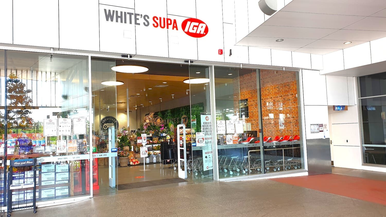 A side view from the left of the entrance of White’s IGA Baringa. The step-free way before the automatic glass doors is a brown floor with a red-painted floor on the right. Next to this floor is another brown floor that leads to a corridor that has accessible signs for persons with mobility disabilities hanging on the ceiling area. Visible from this position is the white sanitizing dispenser right after passing through the automatic glass doors.