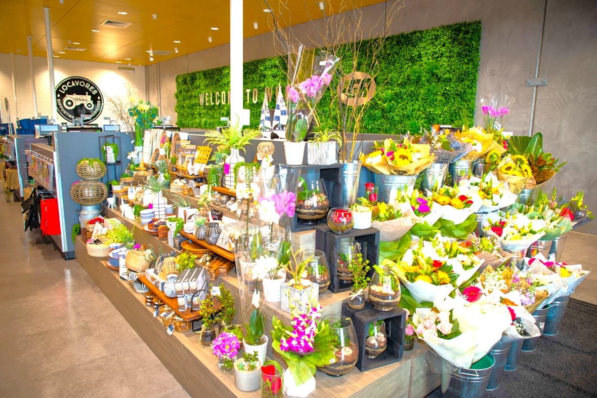 Floristry section at White’s IGA Baringa. On the right side of the 3-tray wooden display are horizontal tin buckets of bouquets of flowers wrapped in varying colors and materials, as well as glass terrariums showcased in black painted wooden blocks. Displayed in perpendicular are ceramic bowls, vases, wooden plates, succulents, and other garden aesthetics. Located adjacent to this area is the cashier section, which features an artificial grass wall bearing the message, "Welcome to White's IGA."