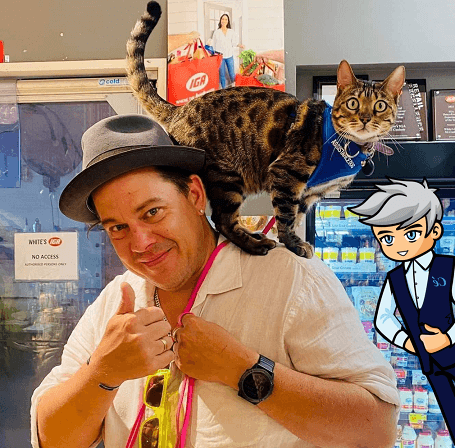 A man carrying a black car on his shoulder in a store, a Cérge character at the side.