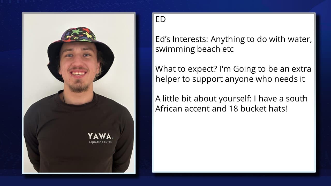 This image features a young man smiling with a light stubble beard. He is wearing a dark long-sleeve T-shirt that reads "YAWA AQUATIC CENTRE". On his head is a colourful bucket hat with a camouflage pattern. To the right of the image, there is a text box with a blue background and white text, providing information about 'ED'. It mentions his interests in water-related activities and notes that he speaks with a South African accent and owns 18 bucket hats.