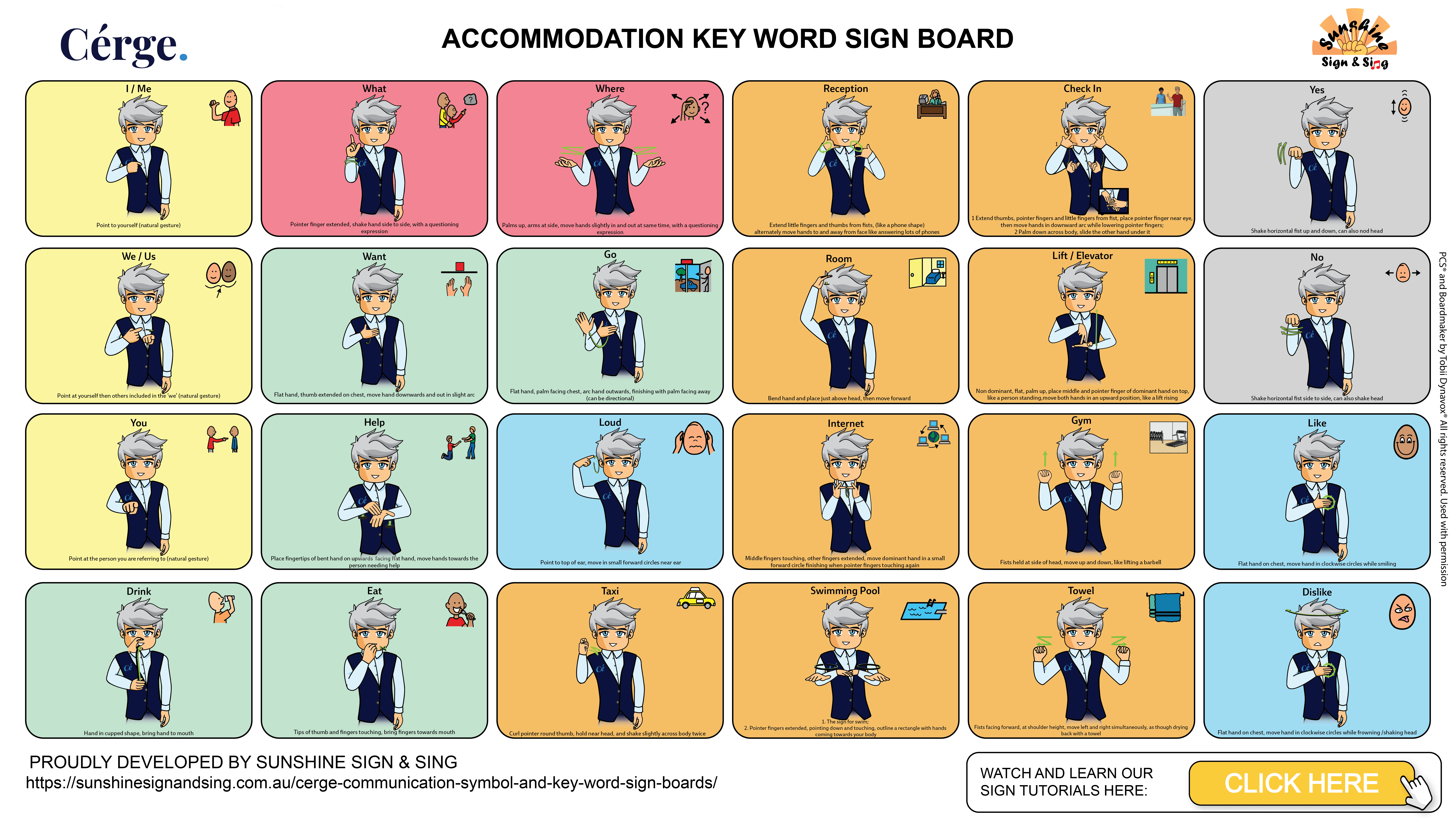 CERGE Accommodation Signs Board - Collection of sign language symbols for hotel and accommodation services