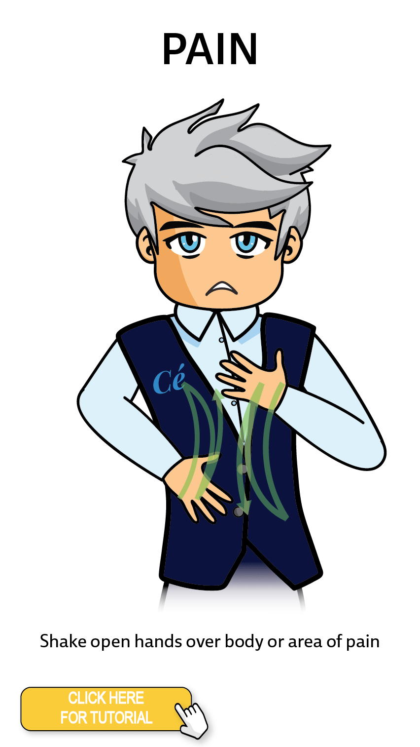 The Cérge character performing sign language for the word Pain. The Keyword Sign instructions are: Shake open hands over body or area of pain.