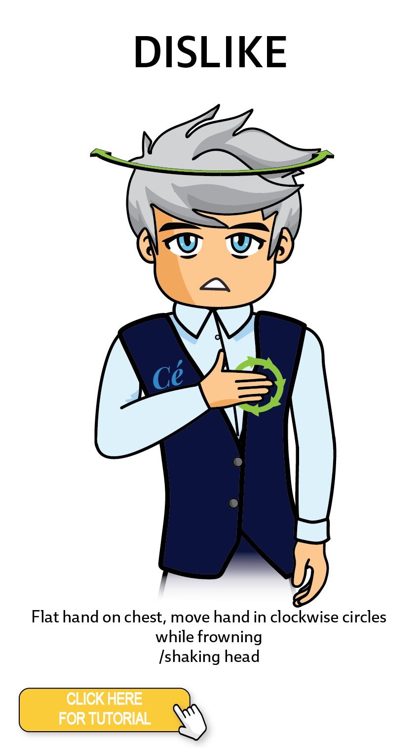 The Cérge character performing sign language for the word Dislike. The Keyword Sign instructions are: Flat hand on chest, move hand in clockwise circles while frowning/ shaking head.