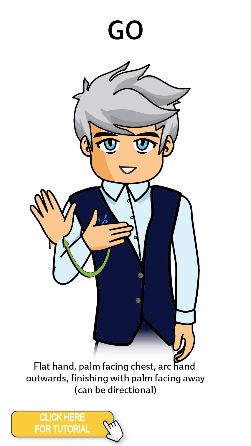 The Cérge character performing sign language for the word Go. The Keyword Sign instructions are: Flat hand, palm facing chest, arc hand outwards, finishing with palm facing away (can be directional).