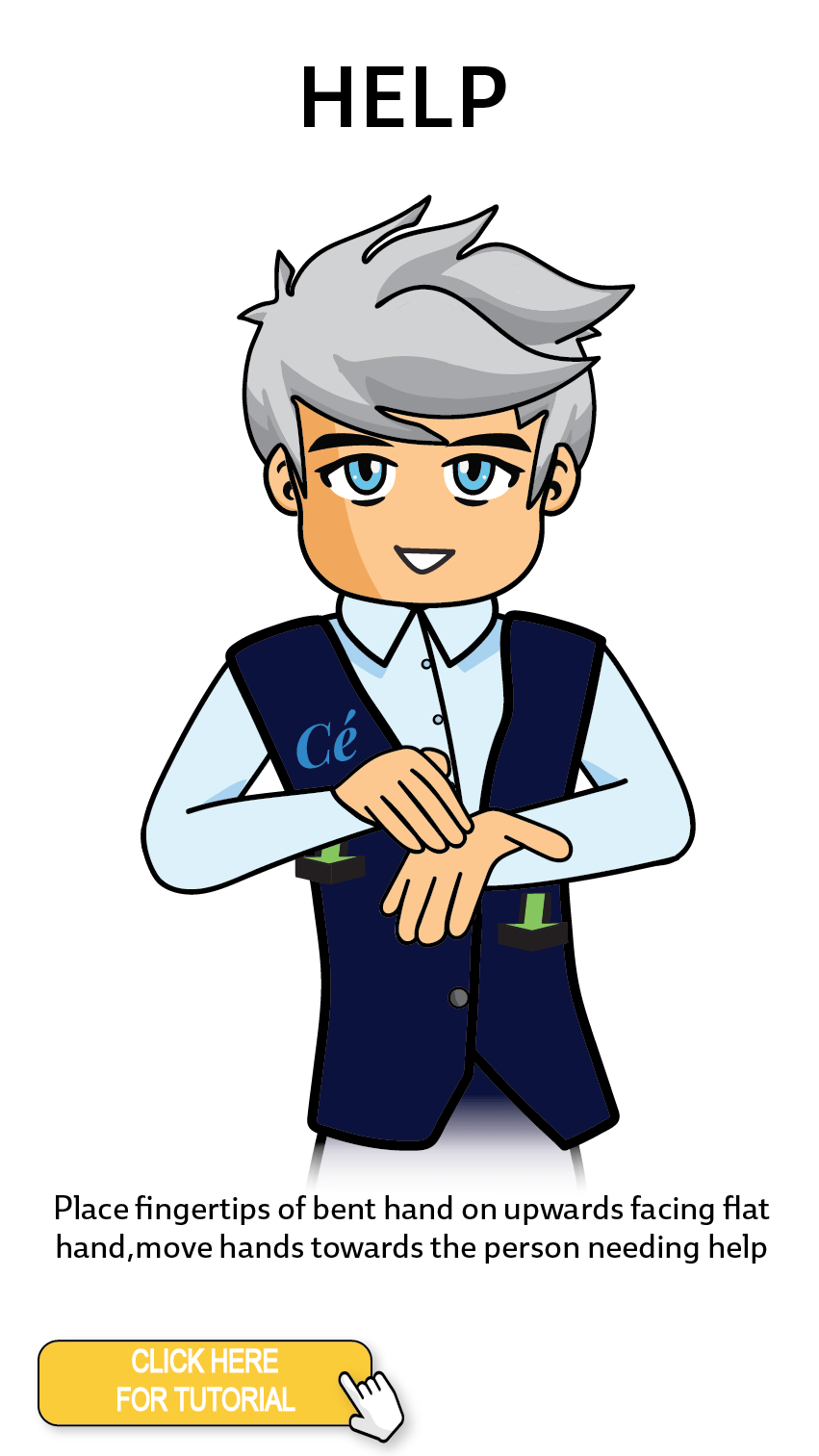 The Cérge character performing sign language for the word Help. The Keyword Sign instructions are: Place fingertips of bent hand on upwards facing flat hand, move hands towards the person needing help.