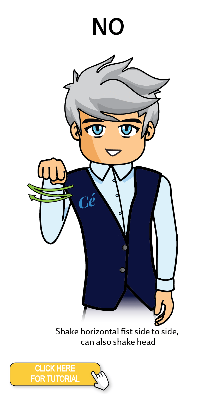 The Cérge character performing sign language for the word No. The Keyword Sign instructions are: Shake horizontal fist side to side can also shake head.