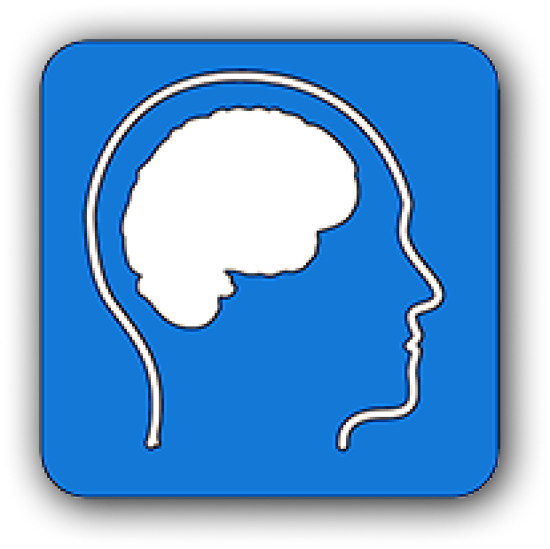 Disability icon for mental and sensory disability. A white outline of a human head and brain on a blue background.