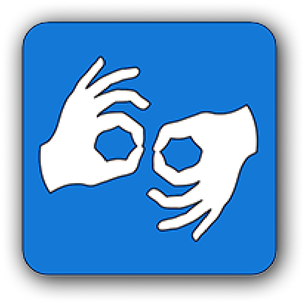Disability icon for deaf and hard of hearing disability. A white outline of a human hands in a sign language orientation on a blue background.