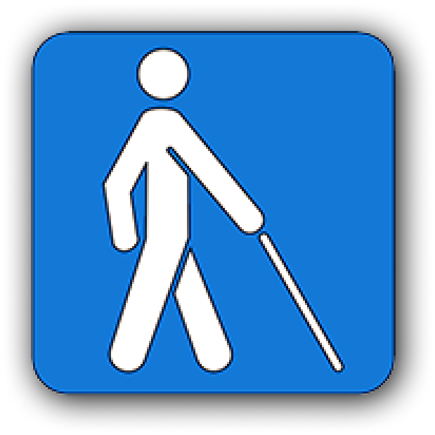 Disability icon for blind and low vision disability. A white outline of a human walking and holding a cane on a blue background.