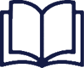A design icon representing a story book in blue outline on a white background.